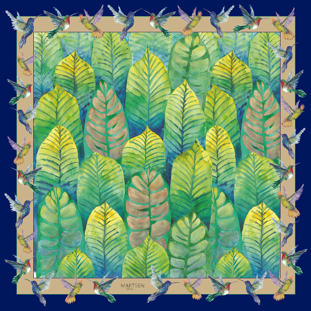 Pañuelo de seda natural verde con hojas y colibríes