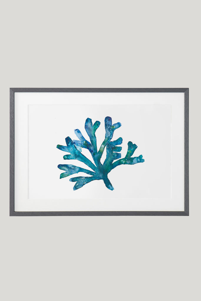Cuadro con coral azul pintado en acuarela con marco gris