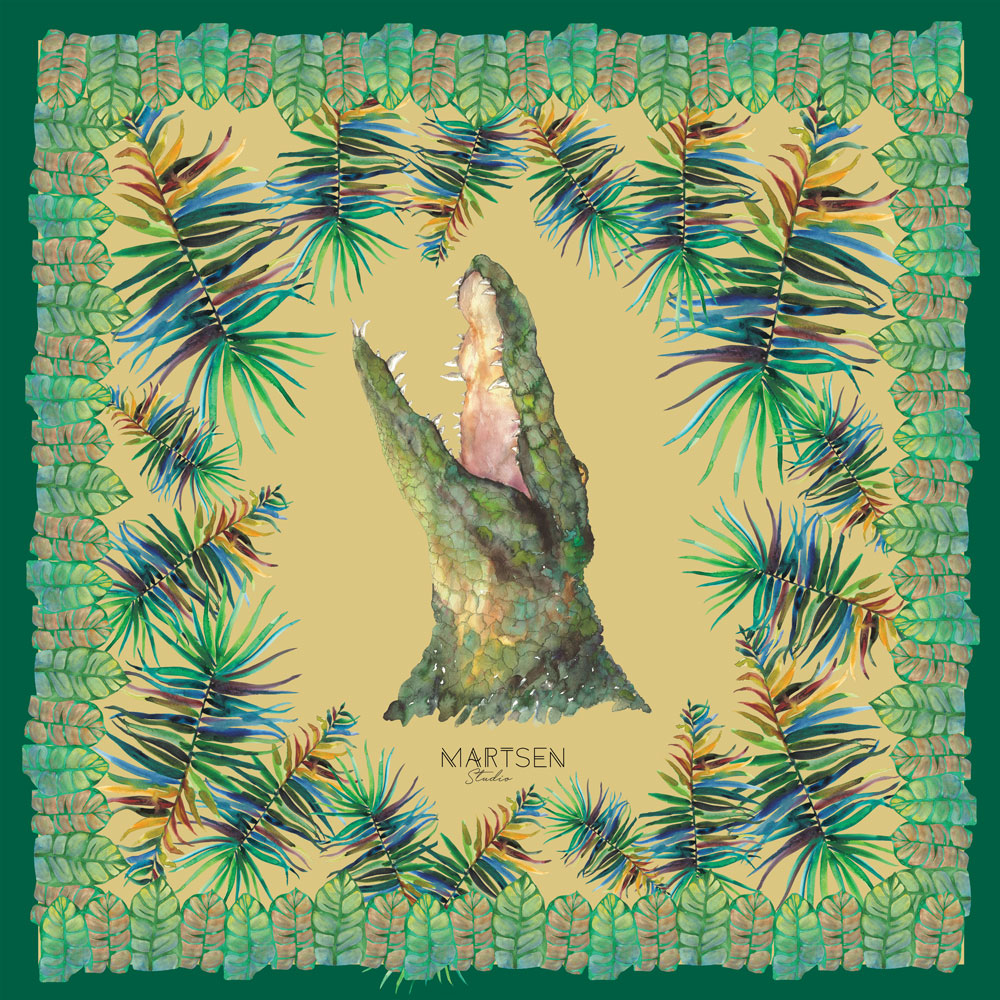 Pañuelo de seda natural verde  mujer con diseños de hojas y cocodrilo