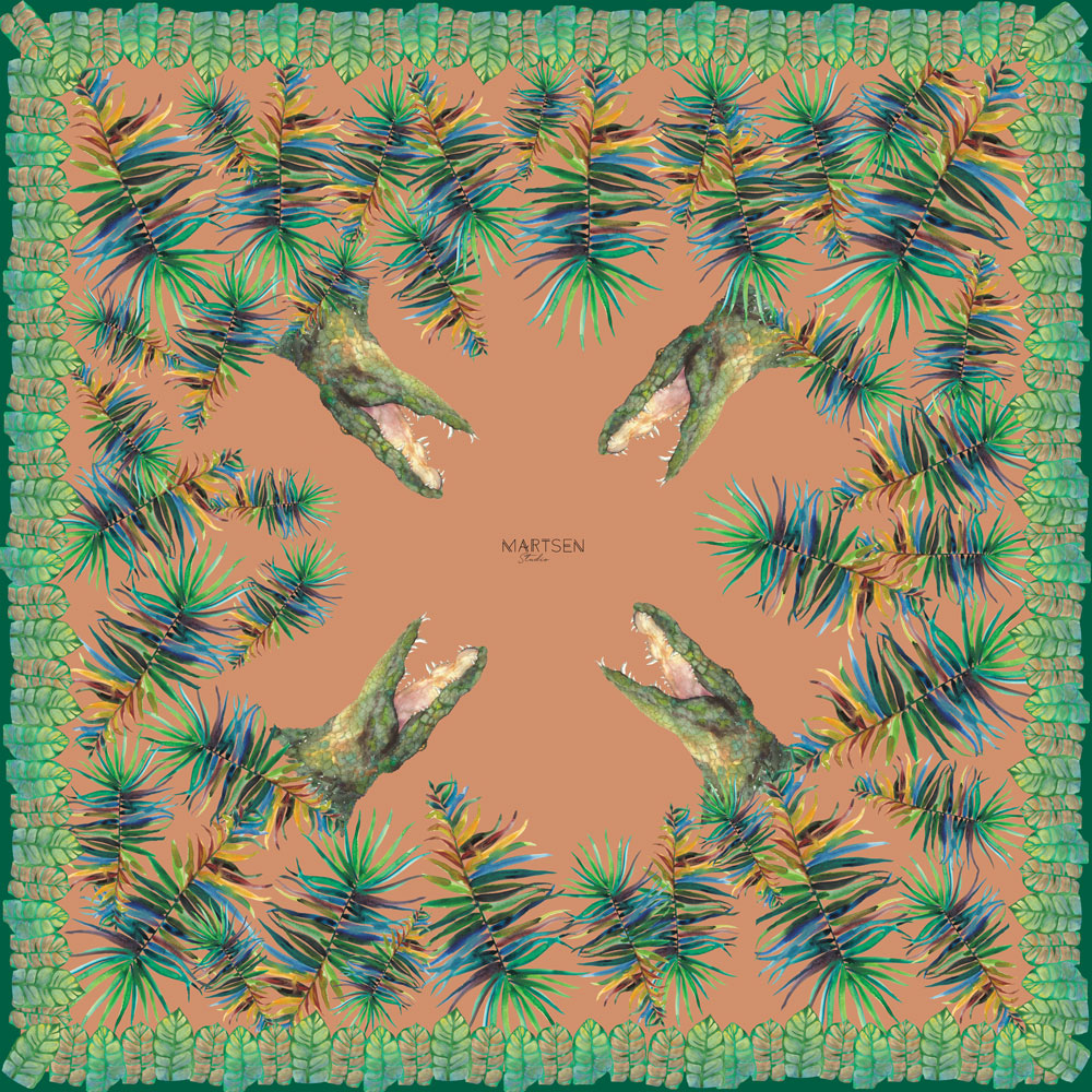 Pañuelo de seda natural grande cuadrado naranja y verde con cuatro cocodrilos rodeados de hojas verdes