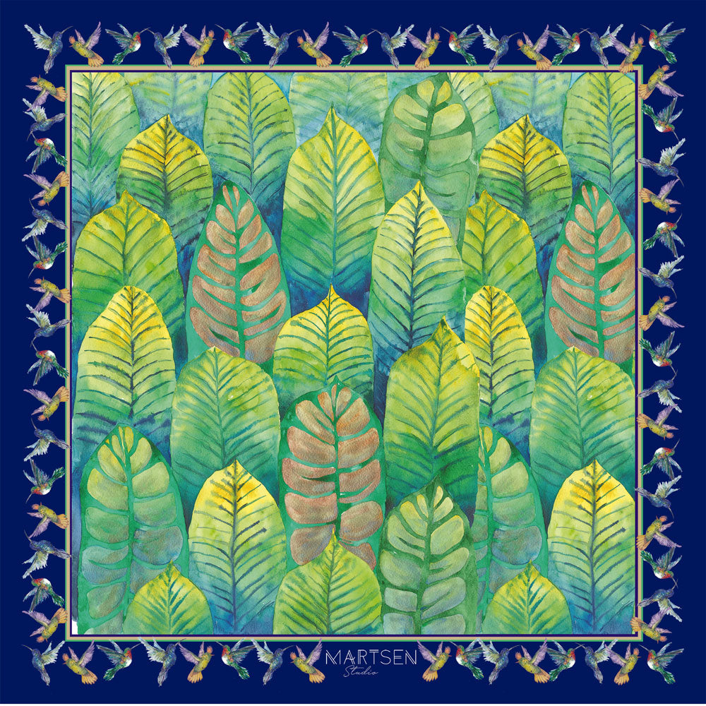 Pañuelo de seda natural pura de bolsillo cuadrado con hojas verdes y colibríes 