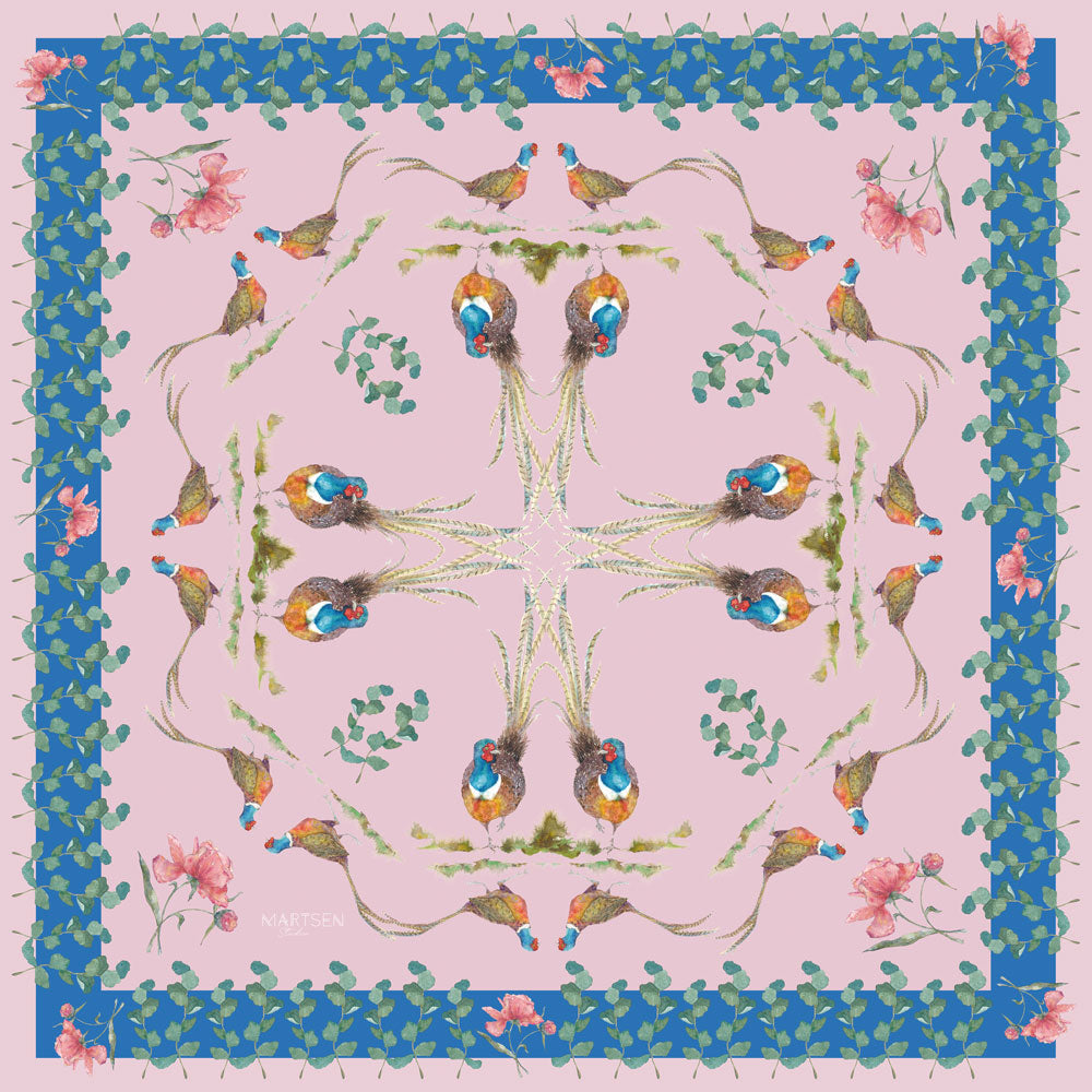 Pañuelo de seda natural eco design Doñana con faisanes, hojas verdes y flores rosas