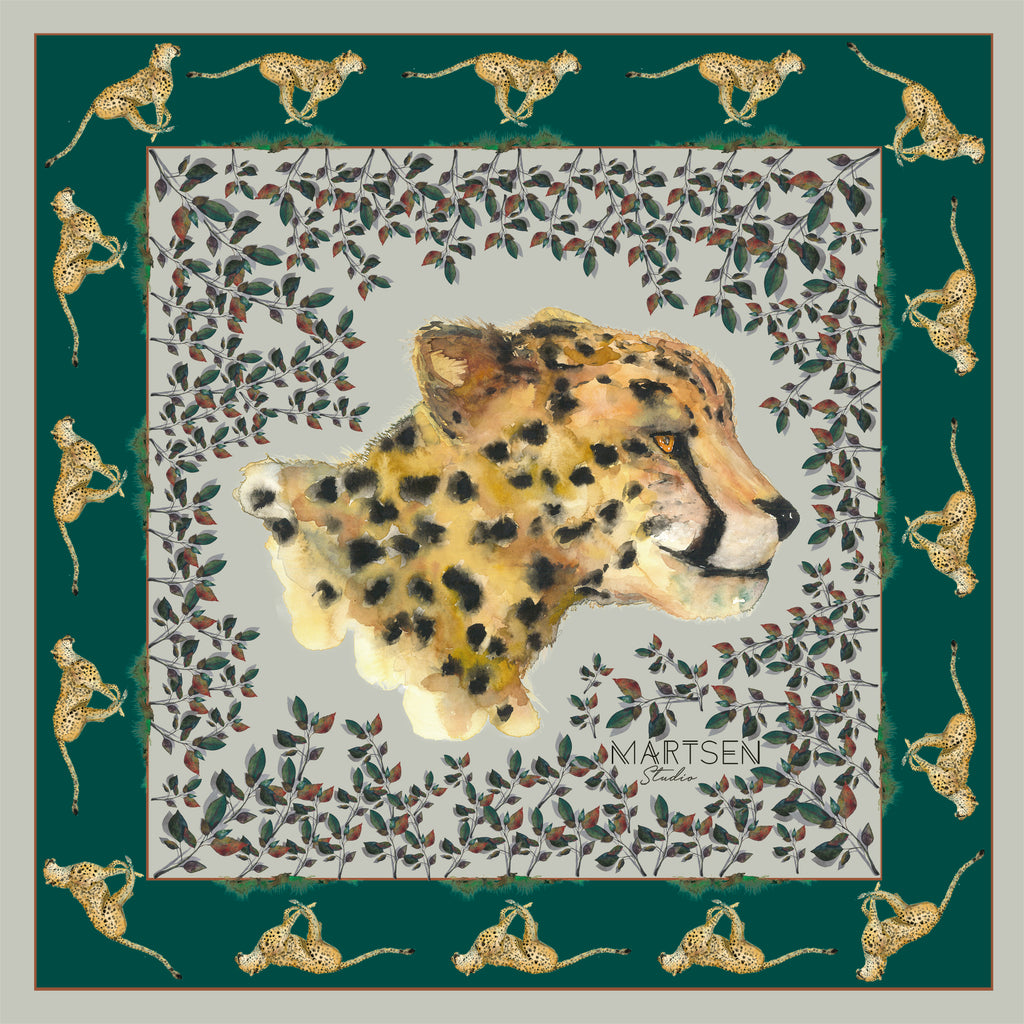 Pañuelo de bolsillo de seda natural cuadrado con hojas y guepardos 