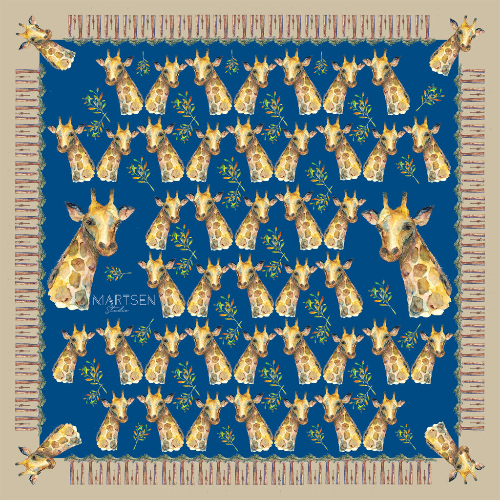 Pañuelo de seda natural cuadrado de bolsillo con diseños de jirafas y baobabs